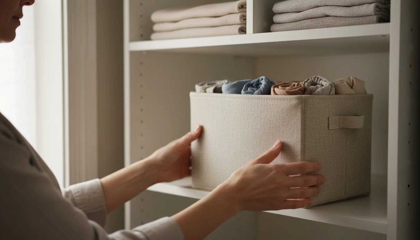Woman's hands gently push a neutral fabric bin into a white melamine shelf in a well-maintained budget closet.