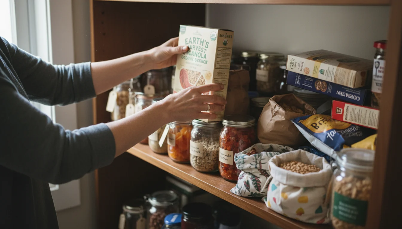 Woman's hands quickly placing a box of granola onto a pantry shelf that has other food items slightly out of place.