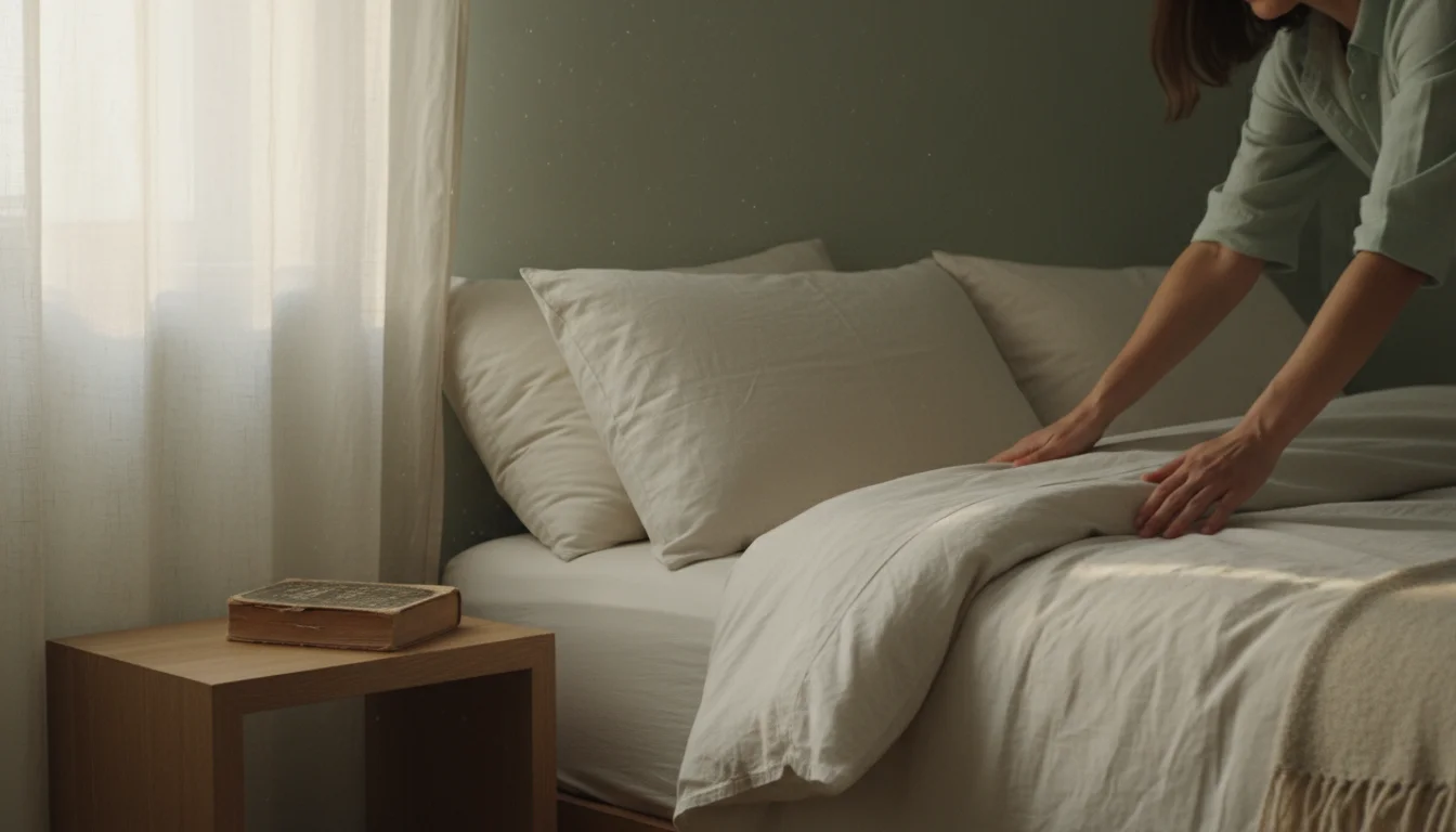 Woman's hands quickly smoothing a rumpled linen duvet on a bed in a naturally lit, simply decorated bedroom, conveying a quick tidy.