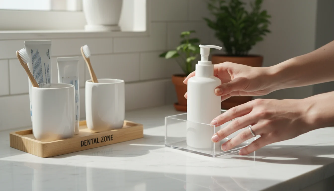 A woman's hands reaching for moisturizer from an organized skincare zone next to a dental zone with toothbrushes in ceramic cups on a clean bathroom c