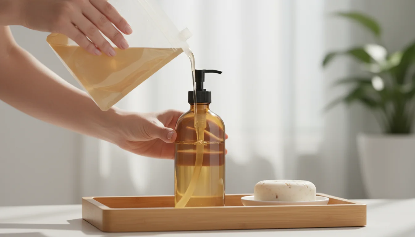Woman's hands refilling an amber glass soap dispenser from a pouch, with a solid shampoo bar nearby on a bamboo tray.