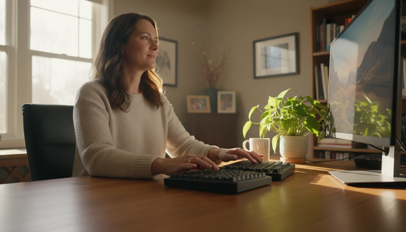 A woman's hands resting comfortably on a split ergonomic keyboard at a naturally lit wooden home office desk, with a plant and mug nearby.
