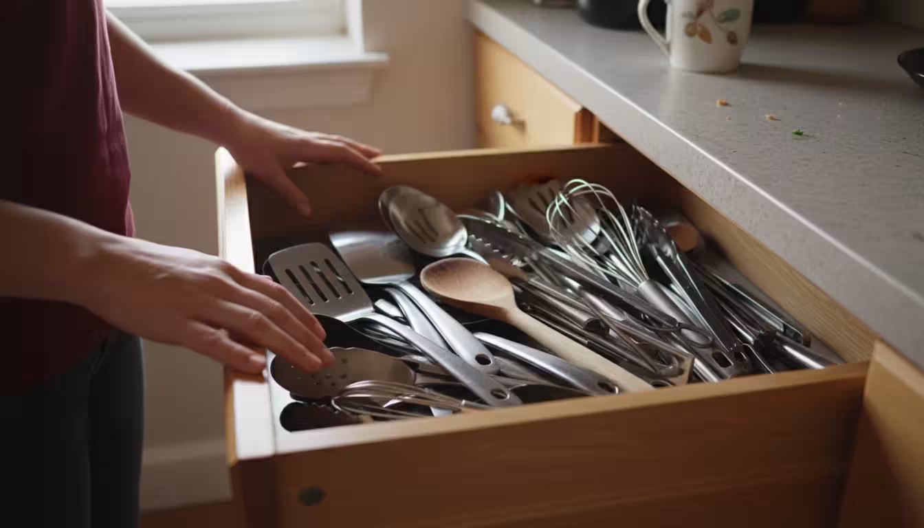 Woman's hands resting on a partially open, cluttered kitchen utensil drawer filled with various cooking tools.
