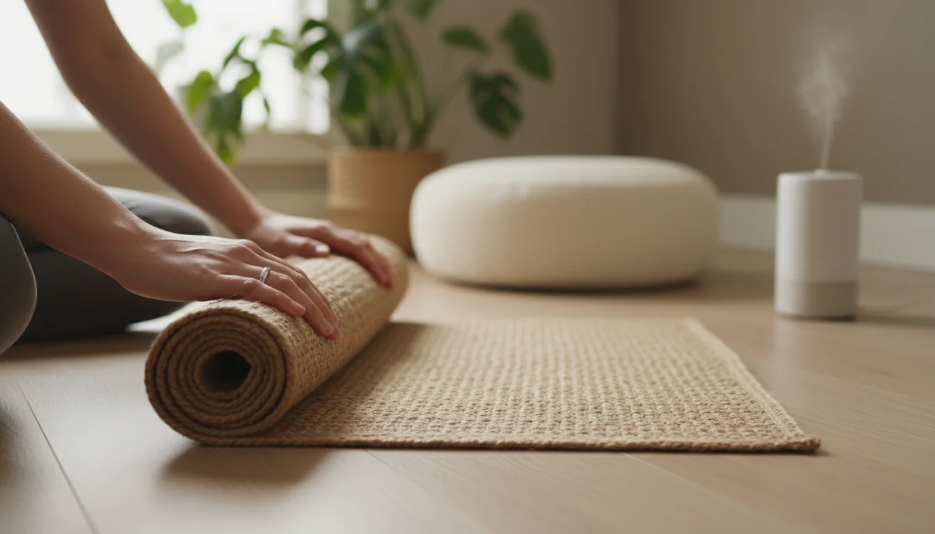 A woman's hands neatly roll up a natural woven meditation mat on a light wood floor. A fluffed cushion and diffuser are in the background.