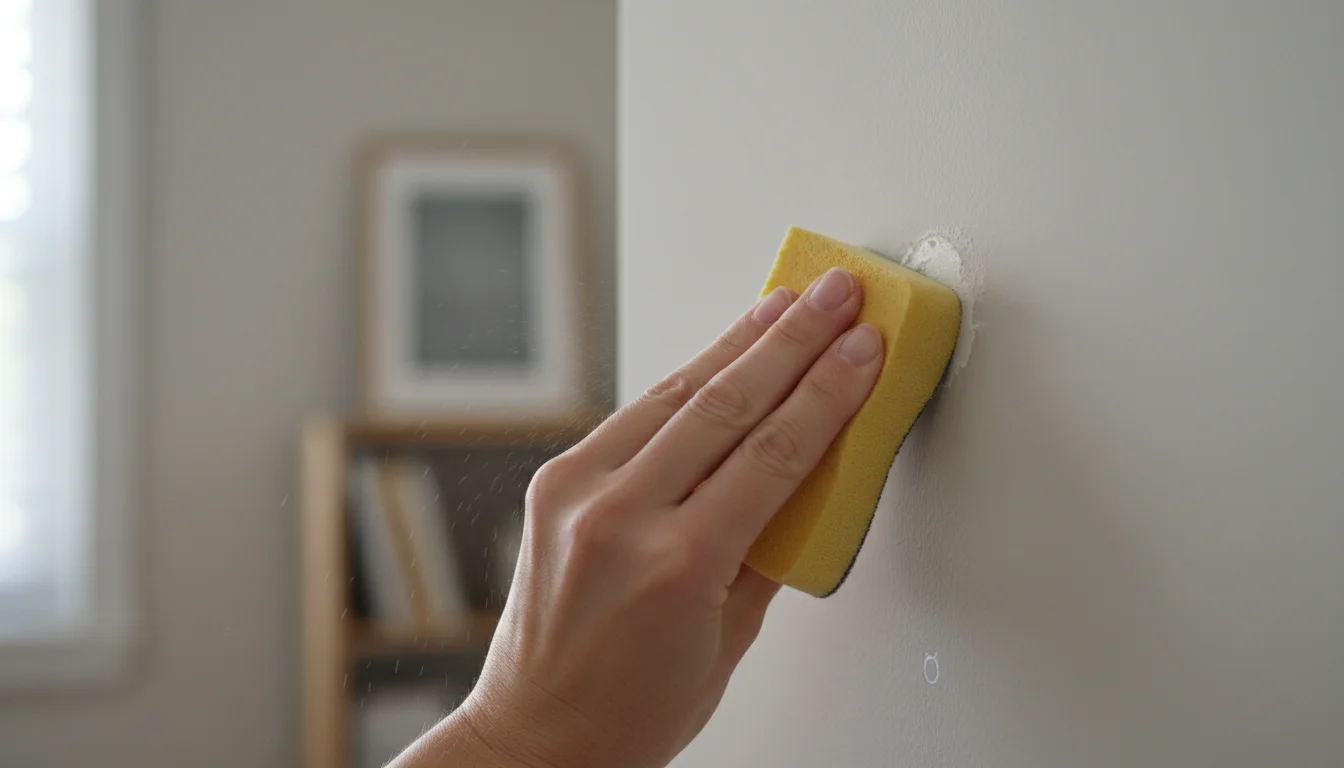 A woman's hands carefully sand a small, dried spackle patch on a neutral wall with a fine-grit sponge, preparing the surface.