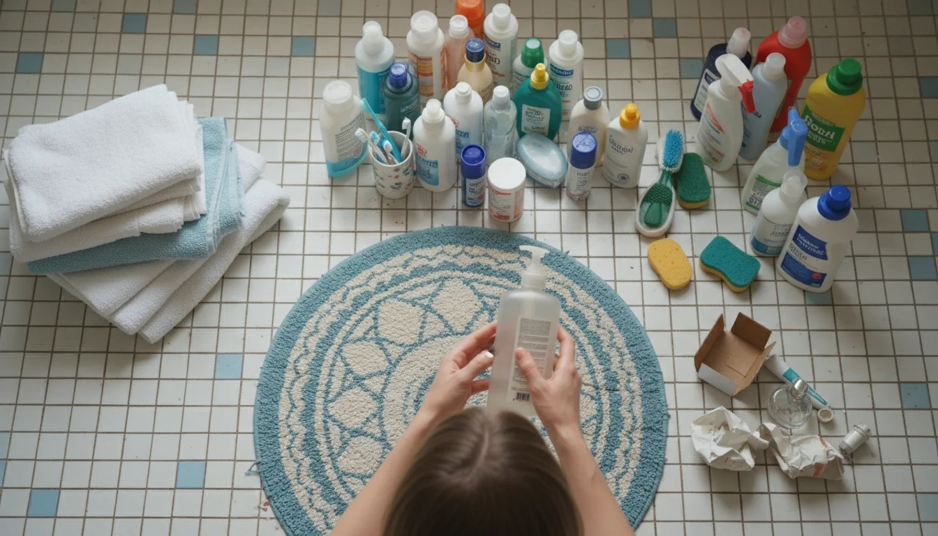 A woman's hands sort bathroom items on a patterned bath mat. Piles of towels, toiletries, and empty bottles are on the floor.