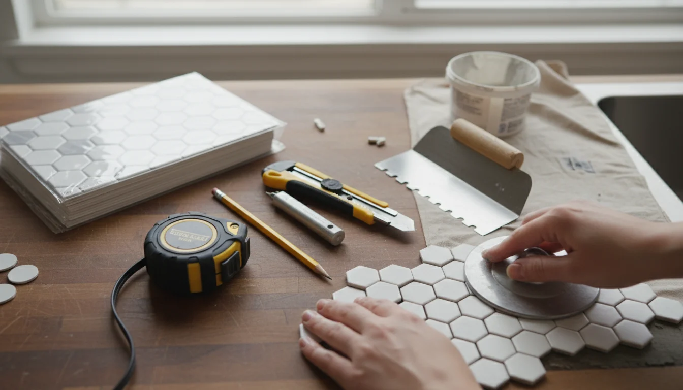 Woman's hands sorting through DIY tools and materials on a kitchen counter, including peel-and-stick tiles and a tape measure.