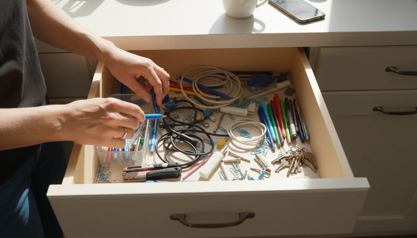 Woman's hands sorting items in a kitchen drawer, with a woven basket on the counter for organized storage.