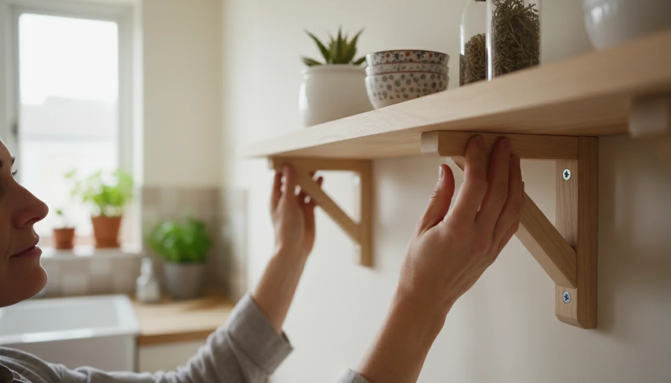 A woman's hands gently test a wooden wall shelf bracket for stability in a cozy, sunlit kitchen.