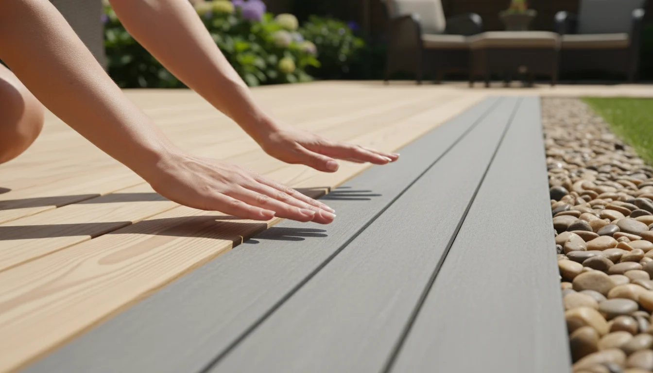 Close-up of a woman's hands gently touching a light wood deck, a grey composite deck, and a tan concrete patio, showcasing their distinct textures.