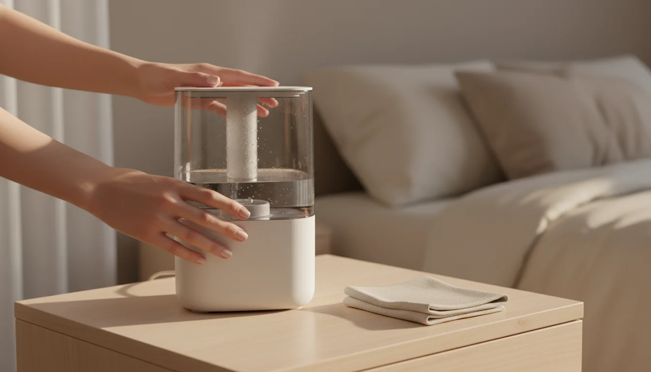 Woman's hands gently twisting a humidifier's clear water tank onto its base on a light wood bedside table.