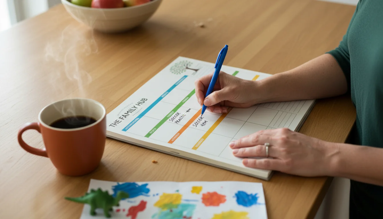 A woman's hands underlining a task on a colorful weekly family planner on a kitchen island, next to a coffee mug. A child's artwork is in the backgrou