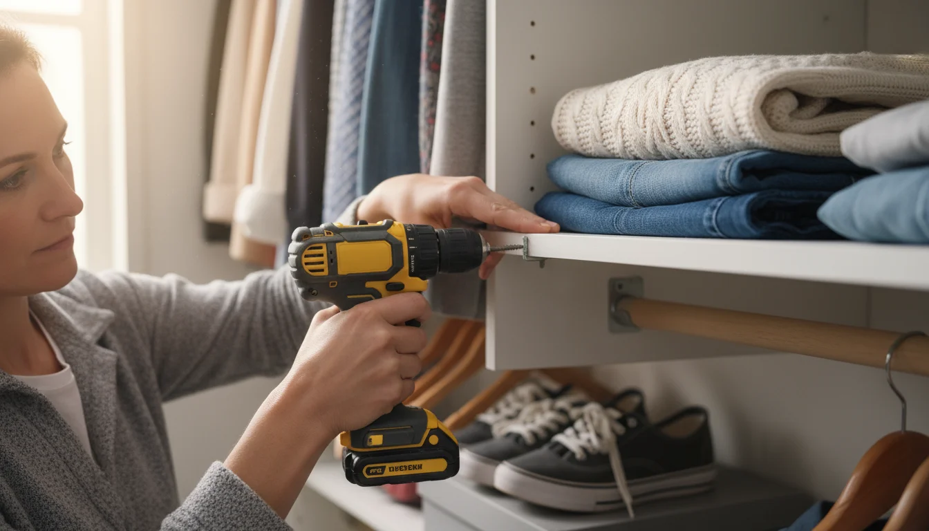 A woman's hands use a cordless drill to attach a metal support bracket under a bowed closet shelf.