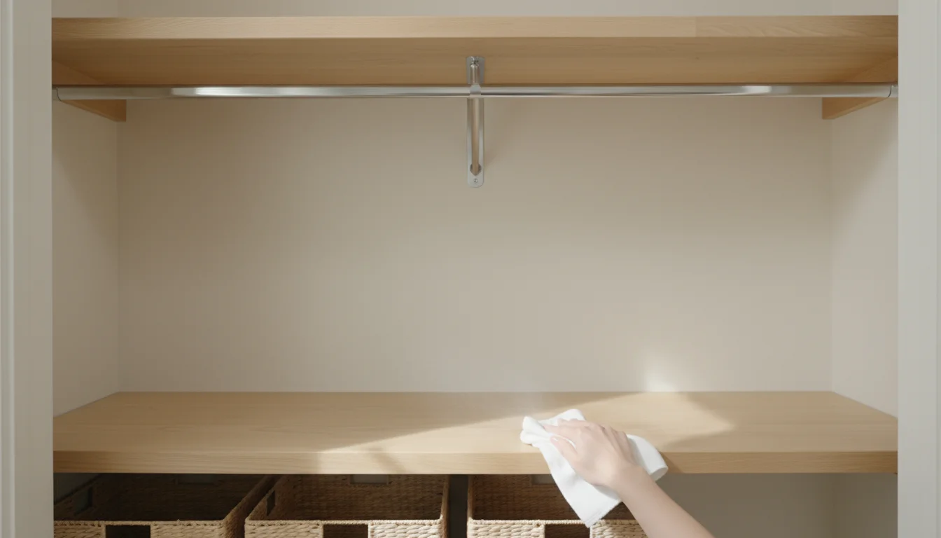Woman's hands wipe a dusty wooden shelf inside a clean, empty closet.