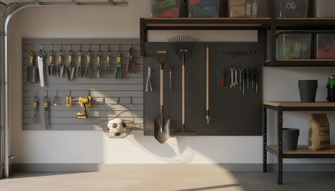 A woman hanging a gardening glove on an organized garage slatwall system next to a pegboard with tools and overhead storage racks.