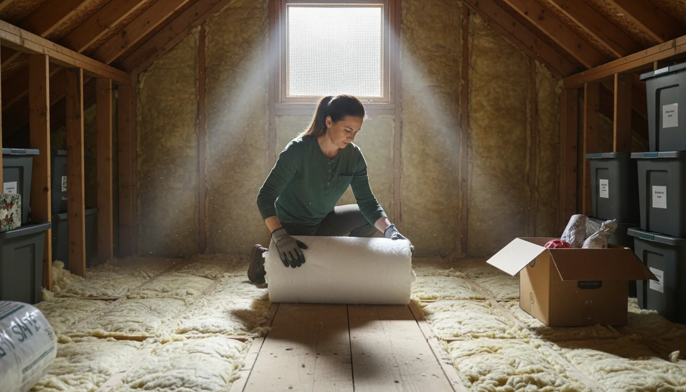 Woman with a headlamp and gloves carefully inspects insulation in a clean, daylight-filled attic space for drafts.