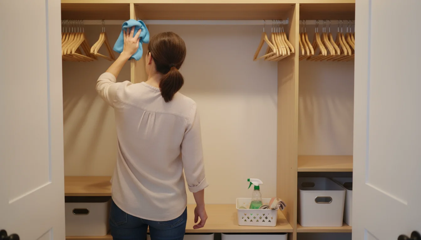 Woman with her back to the camera, wiping down an empty closet shelf. A large pile of clothes is visible on the bed in the background.