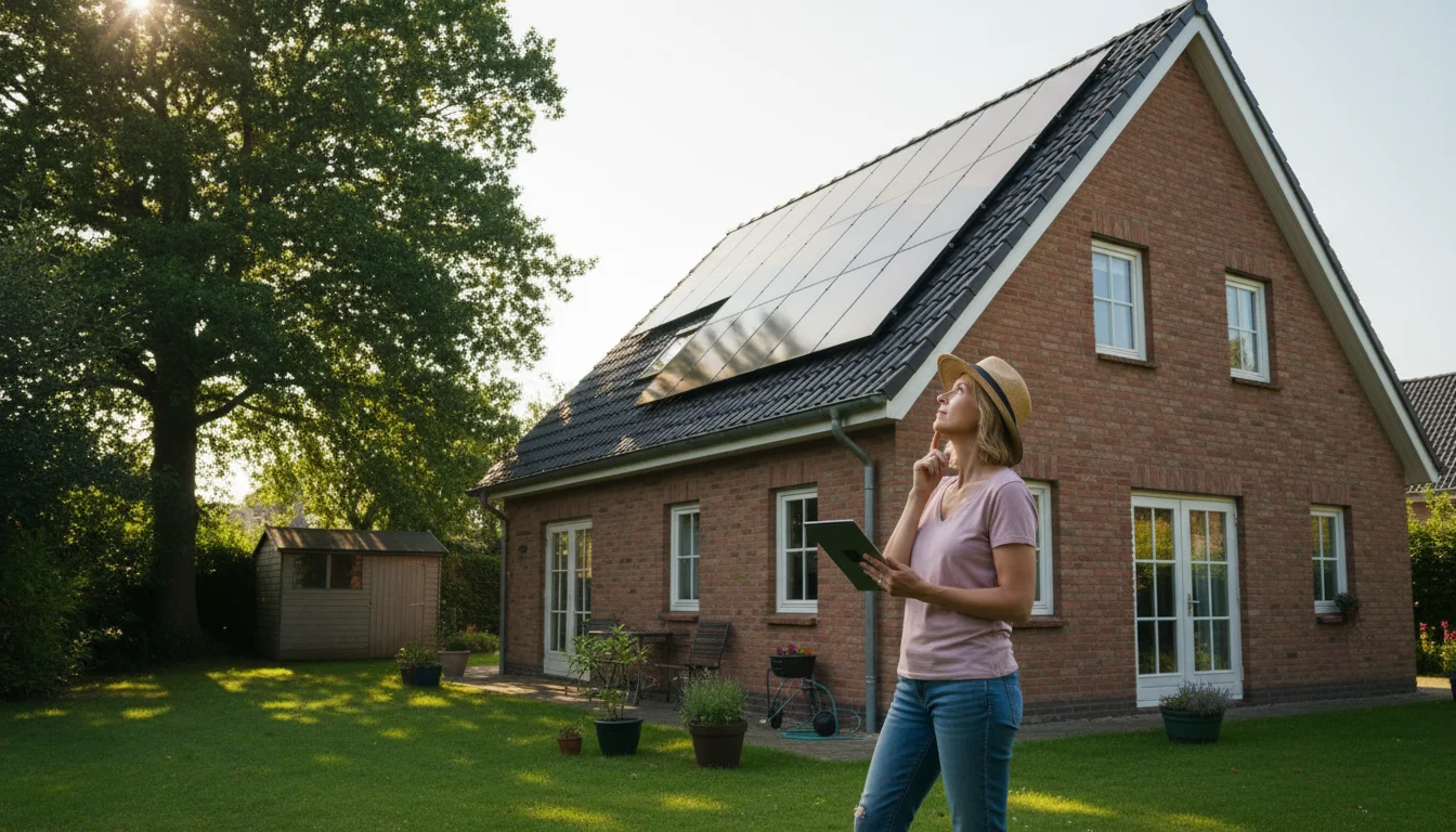 A woman in her backyard looks up at her sunlit home's gabled roof, considering tree shade for solar panel assessment.