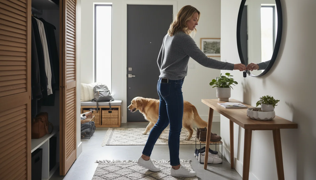 A woman in her early 40s quickly grabbing car keys from an entryway console table, with a smart thermostat visible on the wall.