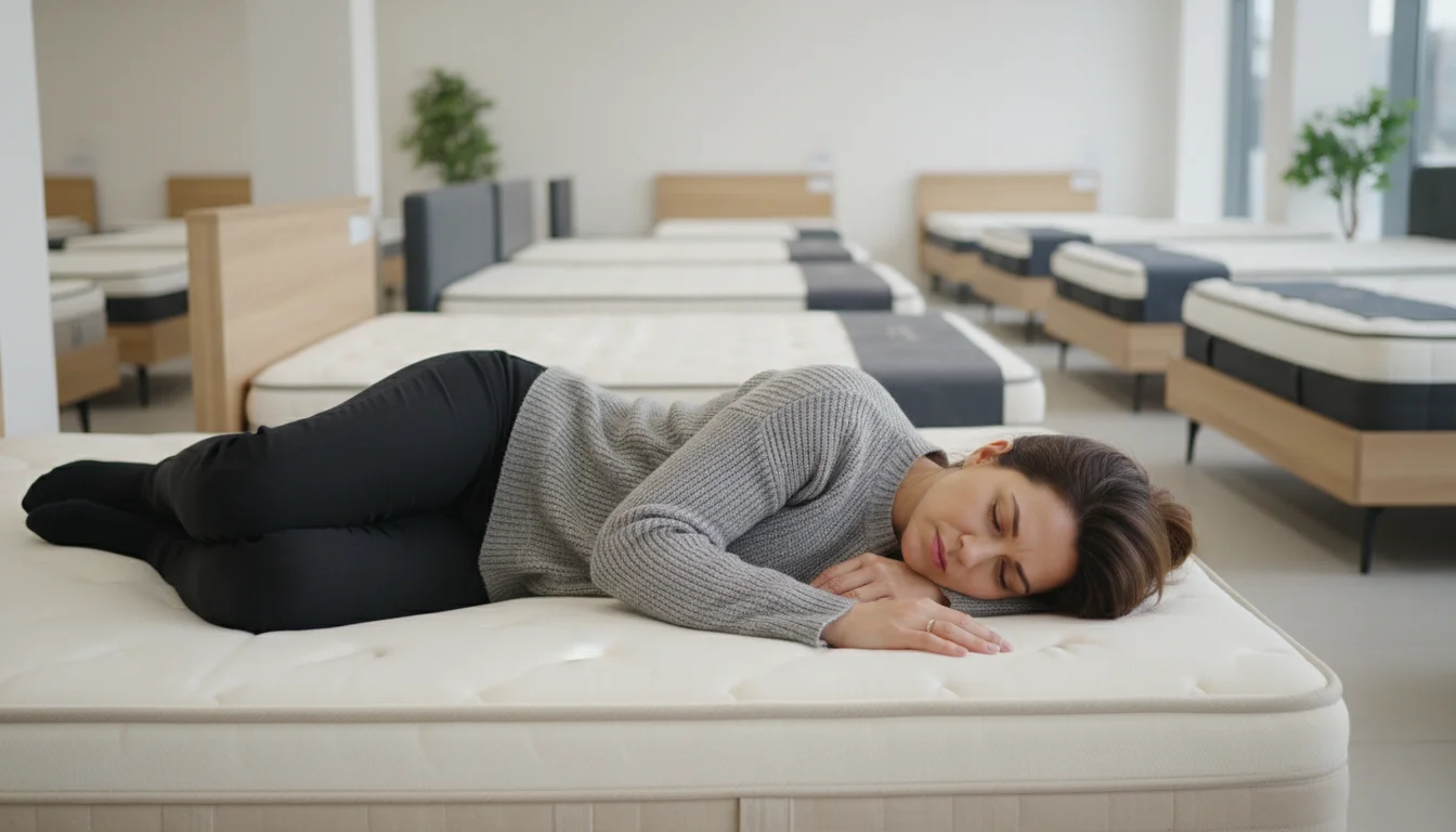 A woman with her eyes closed lies on her side on a light-colored mattress in a showroom, thoughtfully assessing its comfort.