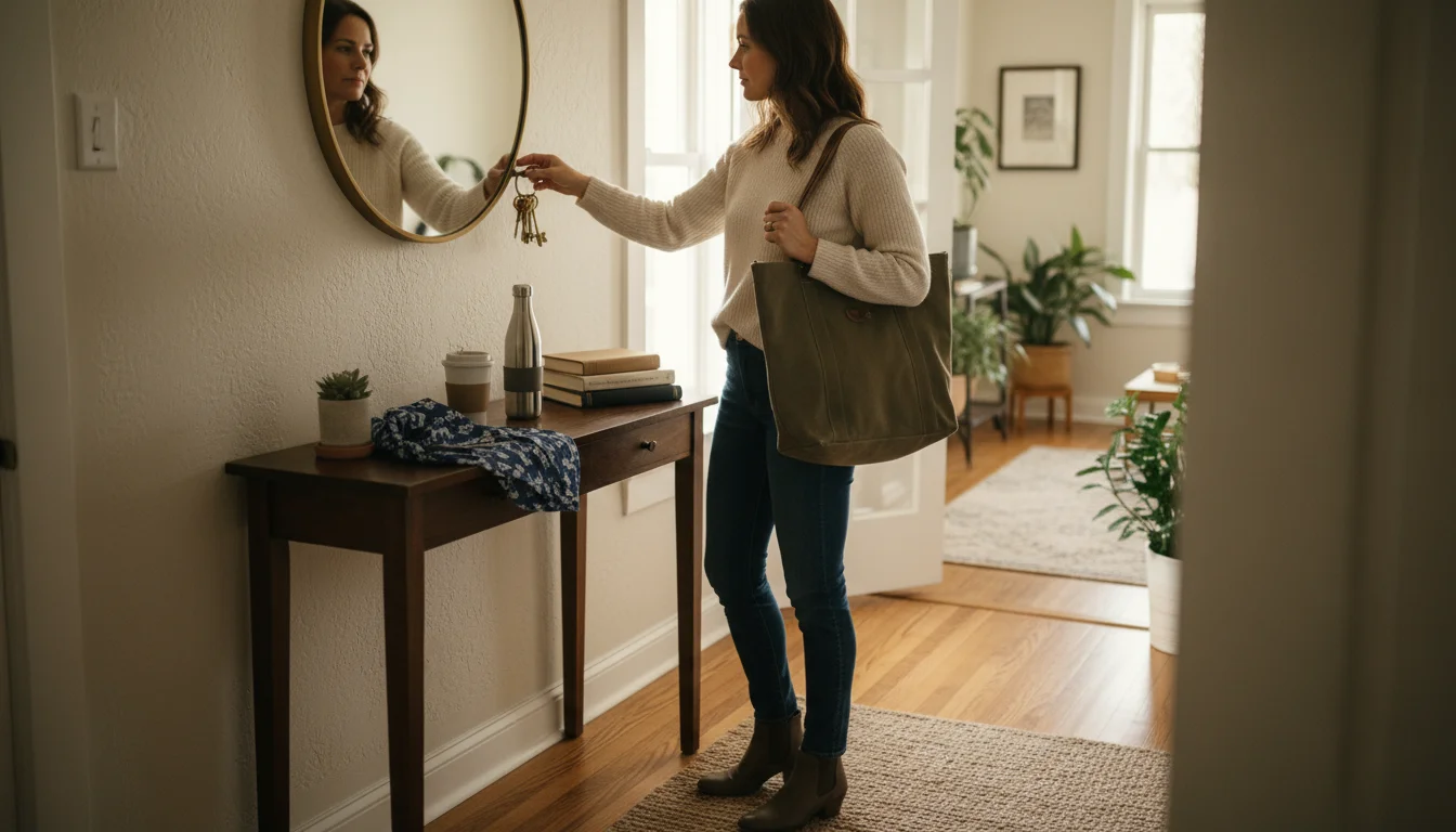 A woman at her home entryway console table, grabbing keys. Reusable shopping bag, water bottle, and coffee cup are beside them.