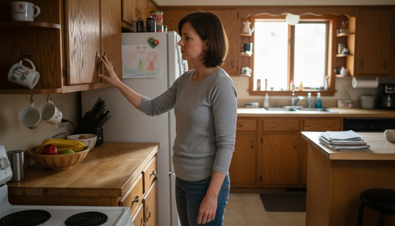A woman in her kitchen gently touches an older, unpainted wooden cabinet door, inspecting its surface and condition.