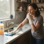 A woman in her late 30s wiping a kitchen counter. Her hand is subtly near her nose as if reacting to an odor, with a generic cleaning spray bottle vis