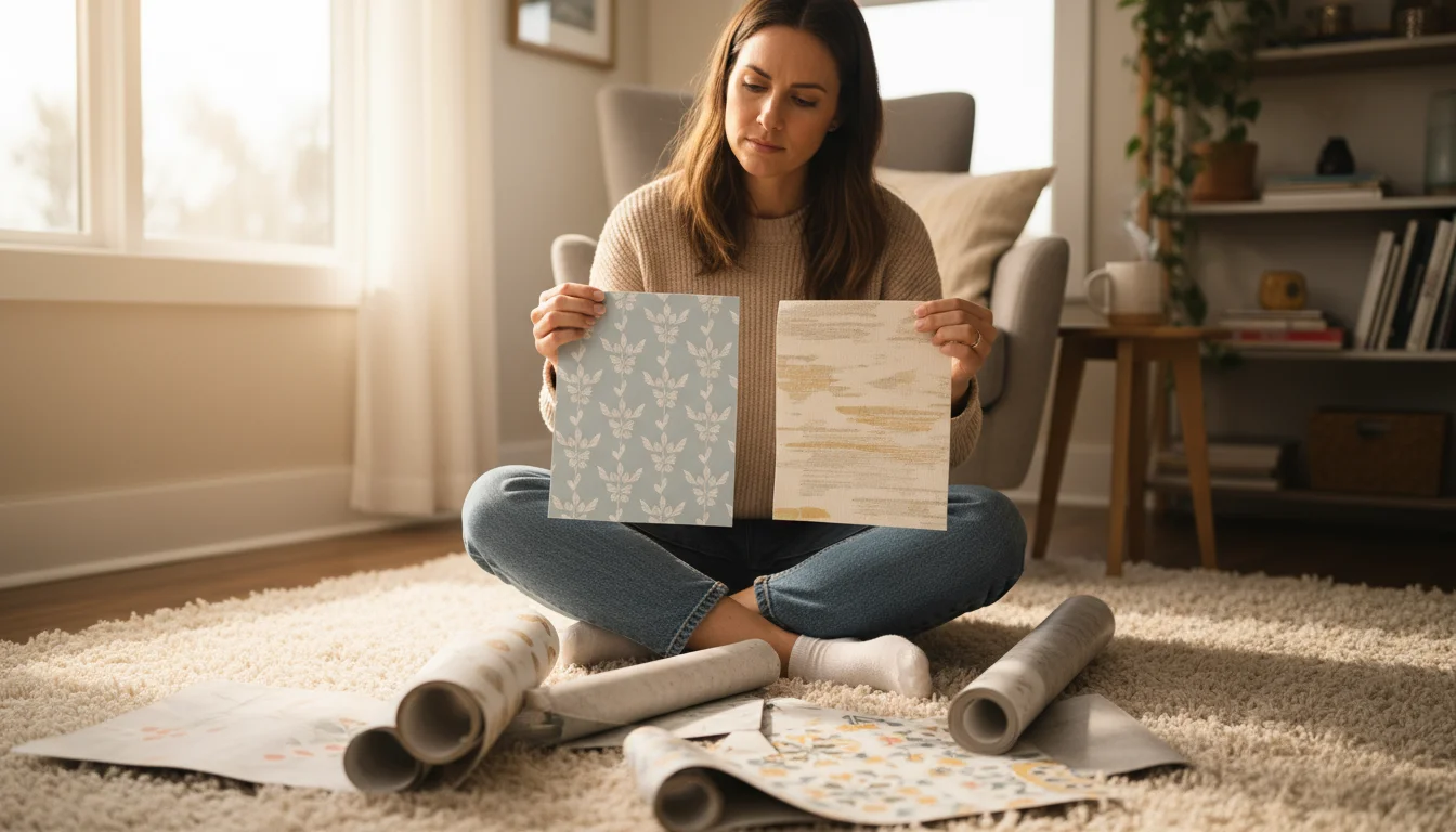 Woman in her living room sitting on a rug, comparing different smooth and textured removable wallpaper samples.