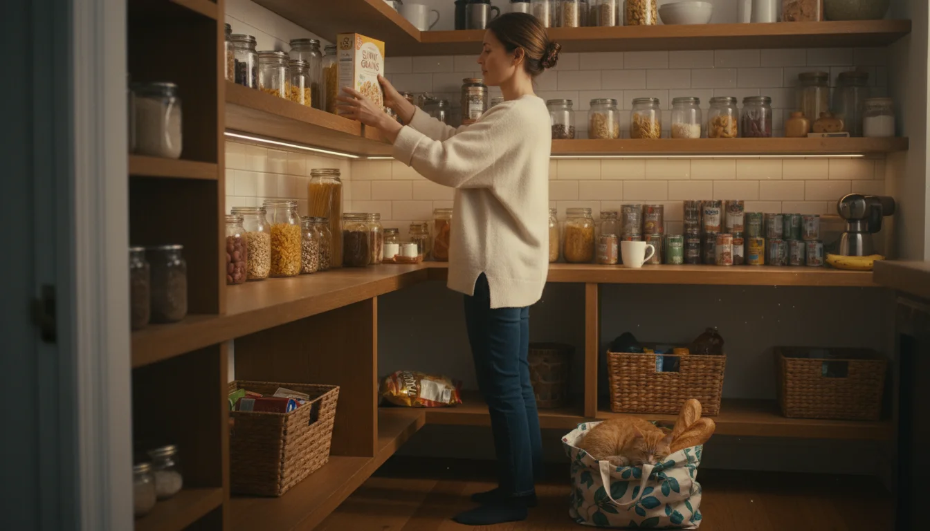 Woman in her 30s gently places a cereal box on a shelf in her organized kitchen pantry. A reusable grocery bag sits on the floor.