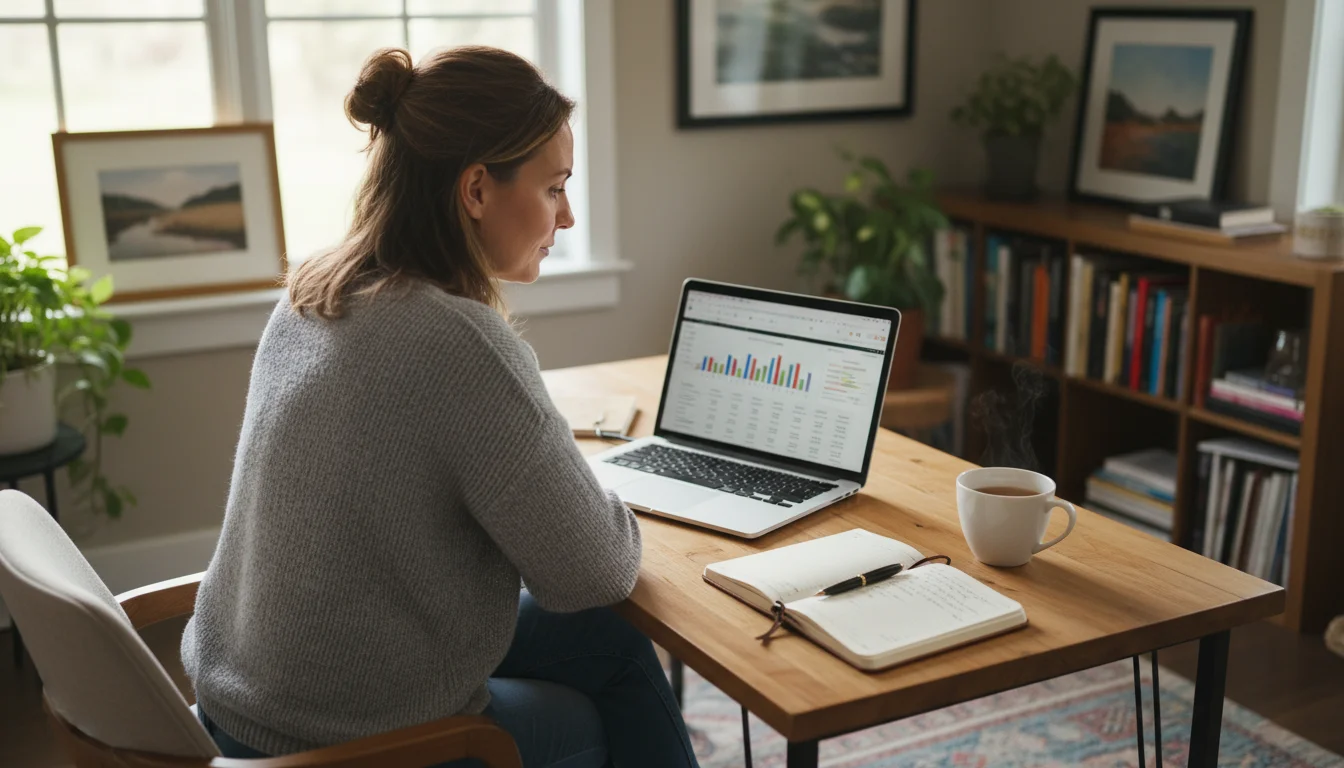 Woman in her 40s reviewing financial documents on a laptop at an organized home desk with a notebook.