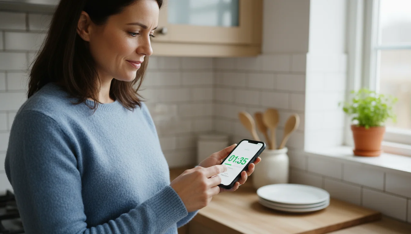 Woman looking at her smartphone showing a 20-minute timer nearing its end, standing in a partially tidied kitchen.