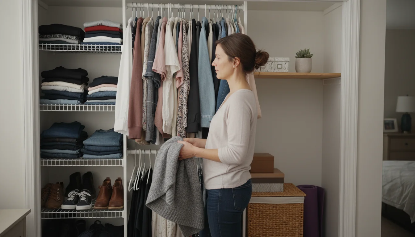 A woman in her 30s stands reflectively in front of her open, lived-in closet, holding a sweater and assessing her wardrobe.