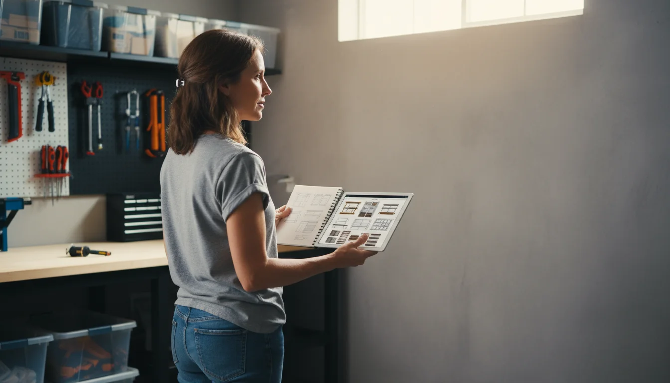 Woman in her tidy garage looking at a blank wall, holding a tablet displaying shelving ideas, deep in thought.