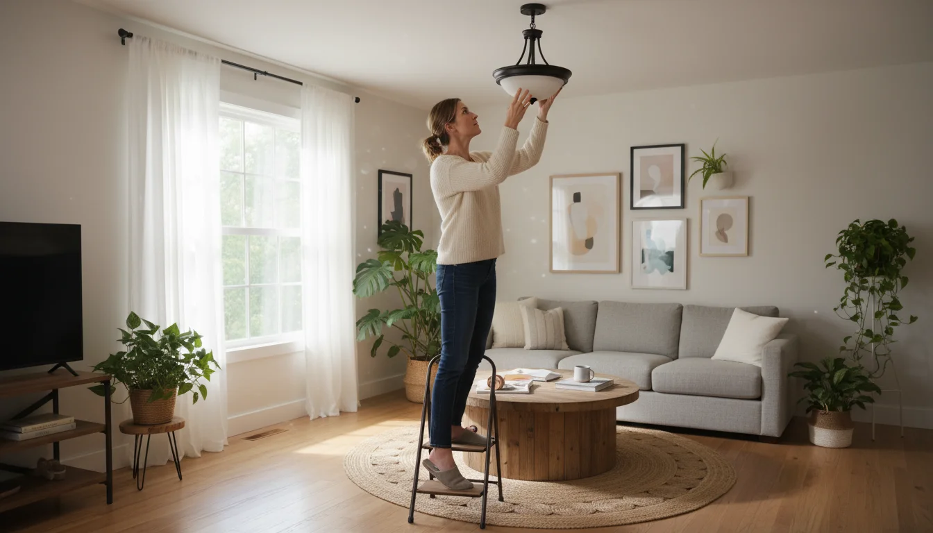 Woman holding a light fixture up to her living room ceiling, contemplating how it fits the room's style and size.