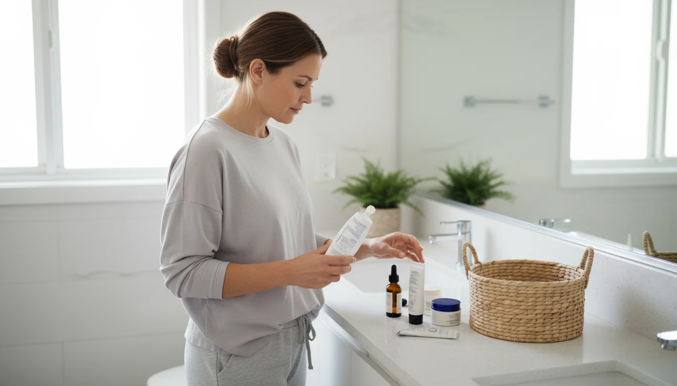 A woman holding a moisturizer tube stands before a moderately cluttered bathroom counter with various beauty products and an empty woven basket, deep