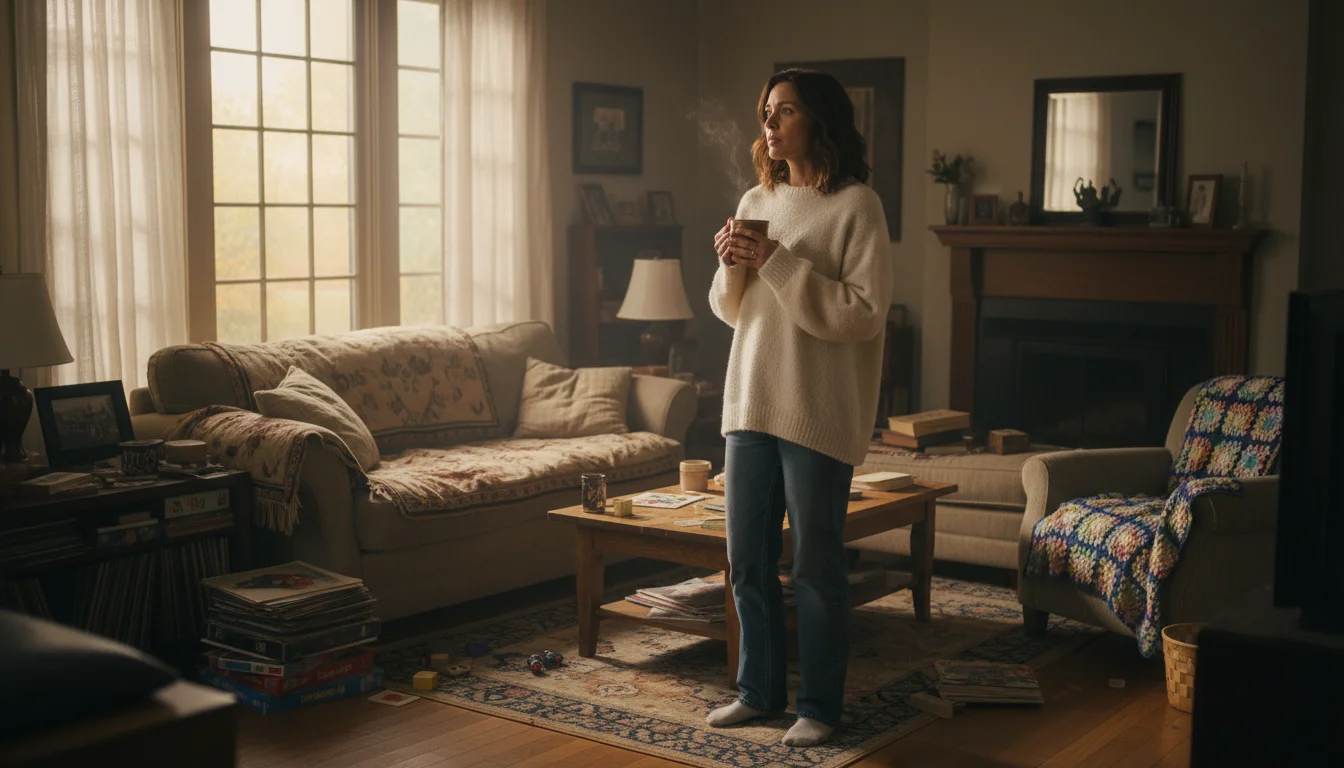 Woman holding a mug, standing in a living room, thoughtfully assessing the furniture arrangement in soft morning light.