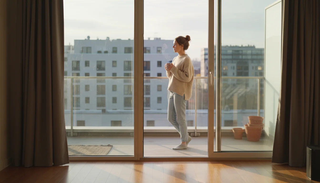 Woman holding a mug thoughtfully gazes at her small, mostly empty apartment balcony on a bright morning, contemplating its purpose.