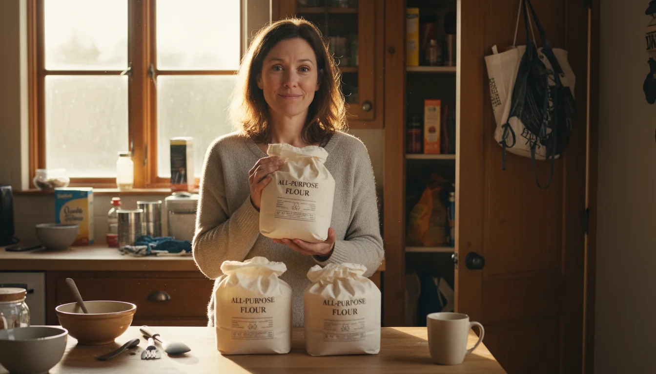 Woman holding a new bag of flour, looking at two identical bags on her kitchen counter, with a partially visible cluttered pantry behind her.