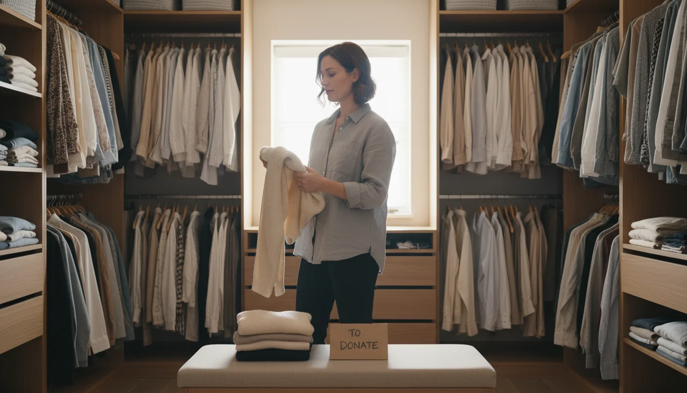Woman holding a sweater in her walk-in closet next to a small pile of clothes on a bench, bathed in soft light.