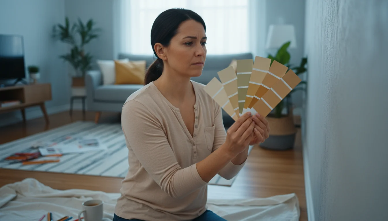 Woman holding various paint swatches against a wall in a room lit by cool, indirect natural light.