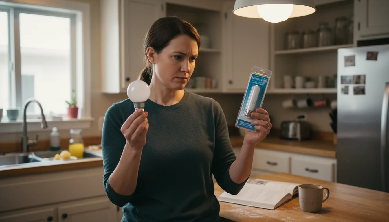 A woman holds an incandescent bulb and a packaged LED bulb, standing in a kitchen with a new flush-mount ceiling light.