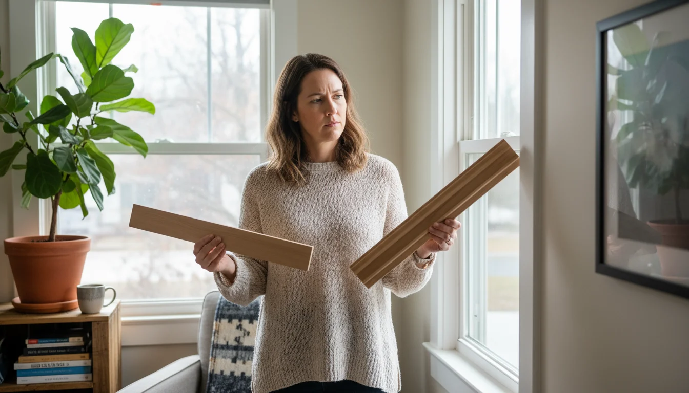 A woman holds two different wood trim samples against a window frame, deciding on a style for her home.