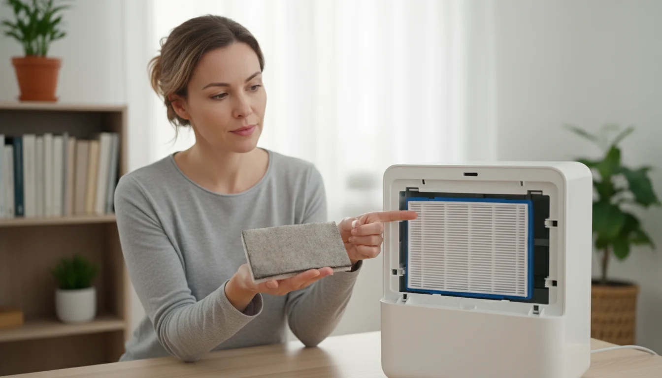Woman holds a used air filter next to a new, pleated HEPA filter, preparing to replace it in an open air purifier on a kitchen counter.