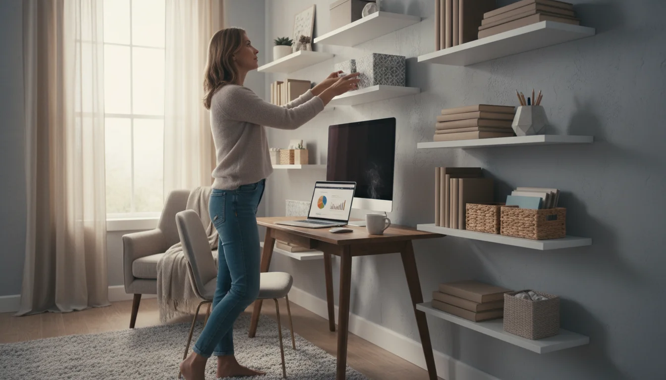 Woman in a home office adjusting a fabric storage box on a white floating shelf, emphasizing practical vertical organization.