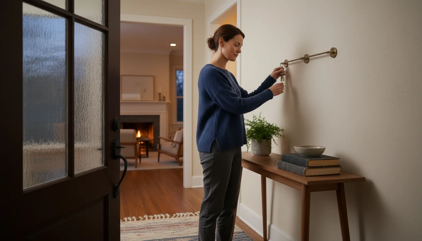 A woman, just home, places keys on a wall hook in her warm, well-organized entryway.