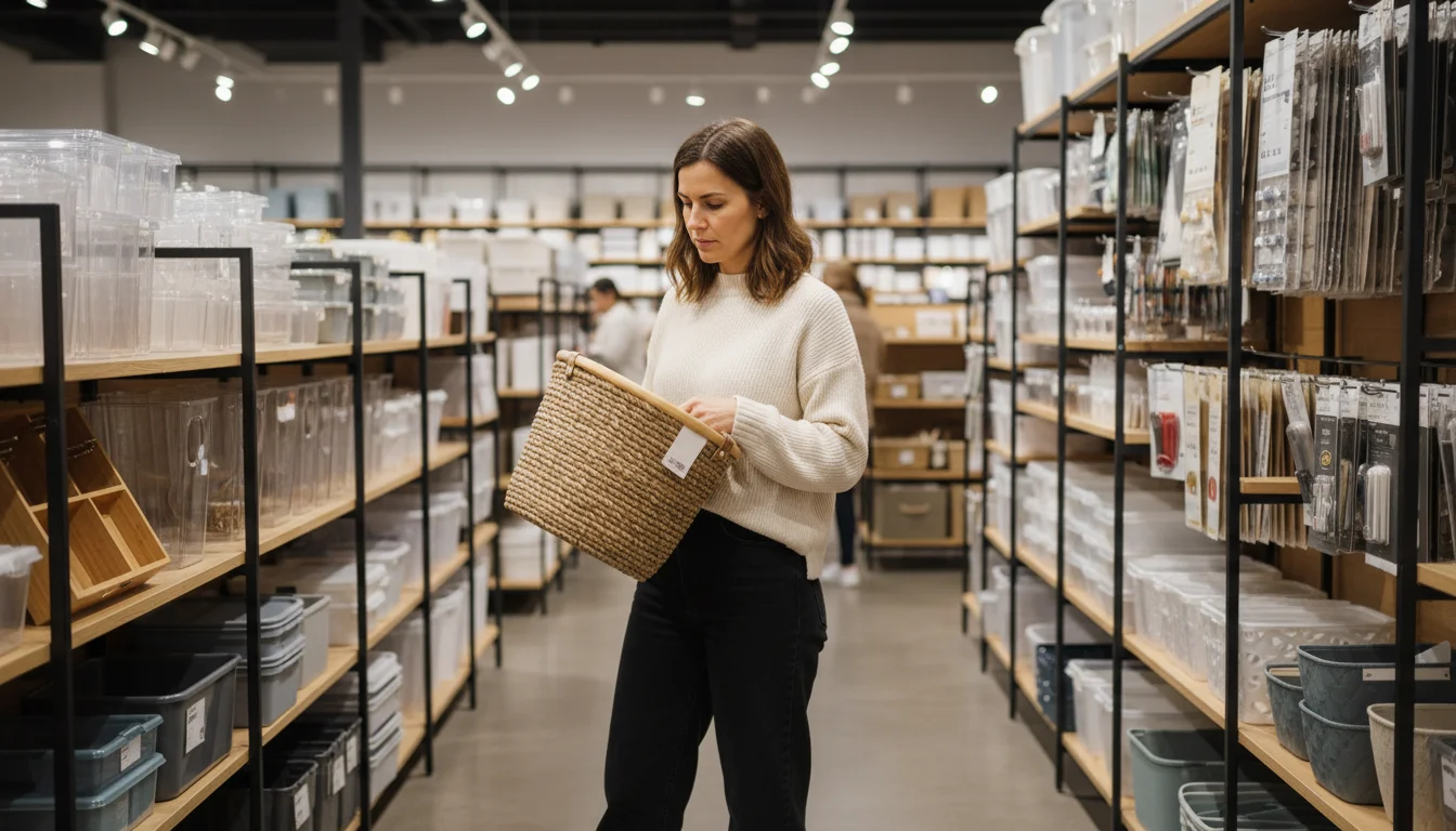 A woman in a home store aisle holds a woven storage basket, her thoughtful expression suggesting she's considering its purpose at home.