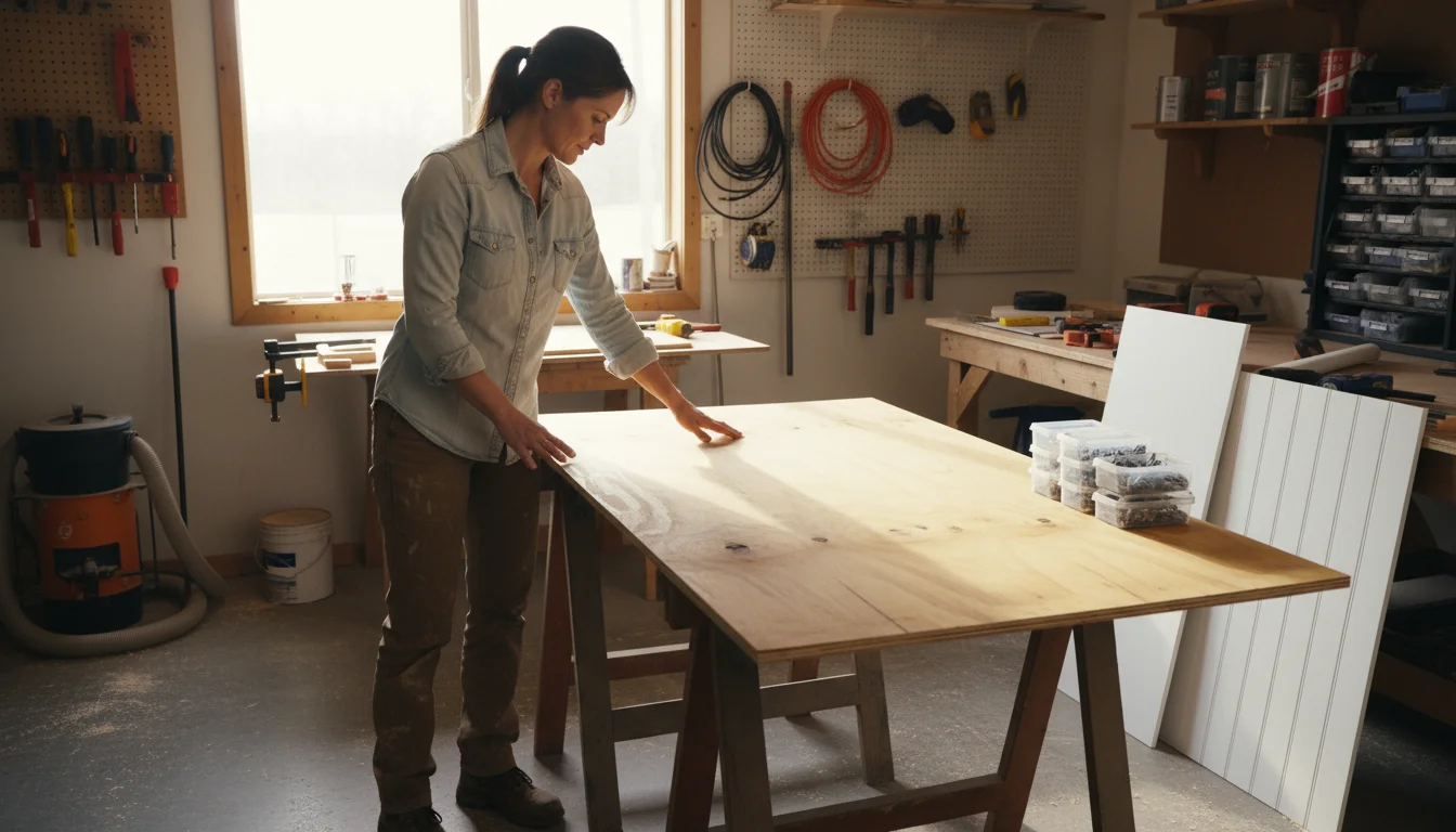 A woman in a home workshop gently touches a plywood sheet. Around her are samples of melamine, wire shelving, screws, and brackets.