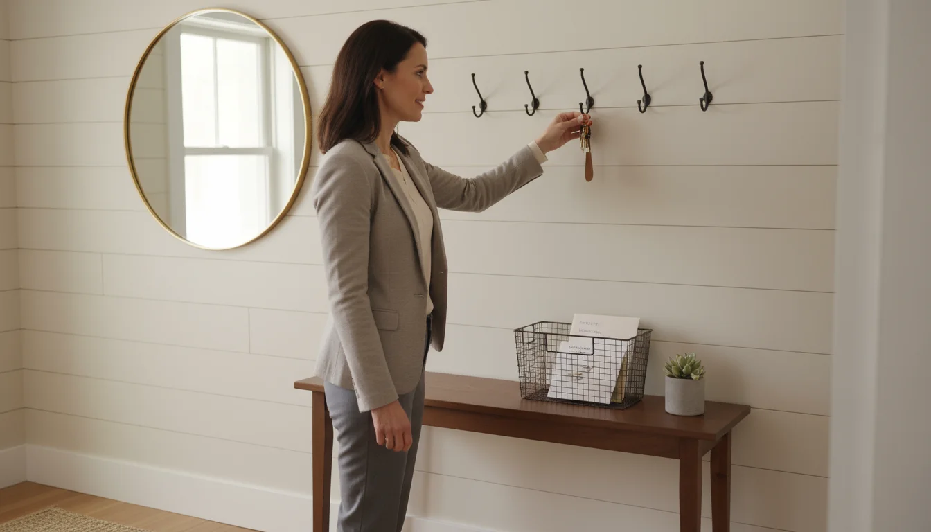 Woman immediately hanging keys on a wall hook in an organized, warm entryway with a mail sorter on a console table.