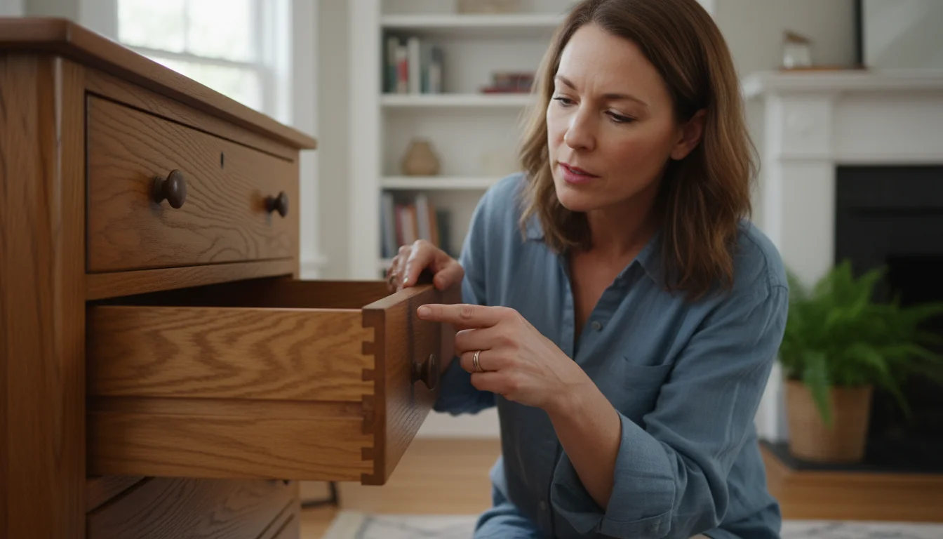 Woman inspecting a dovetail joint on a pulled-out wooden drawer of a vintage oak dresser, focusing on craftsmanship.
