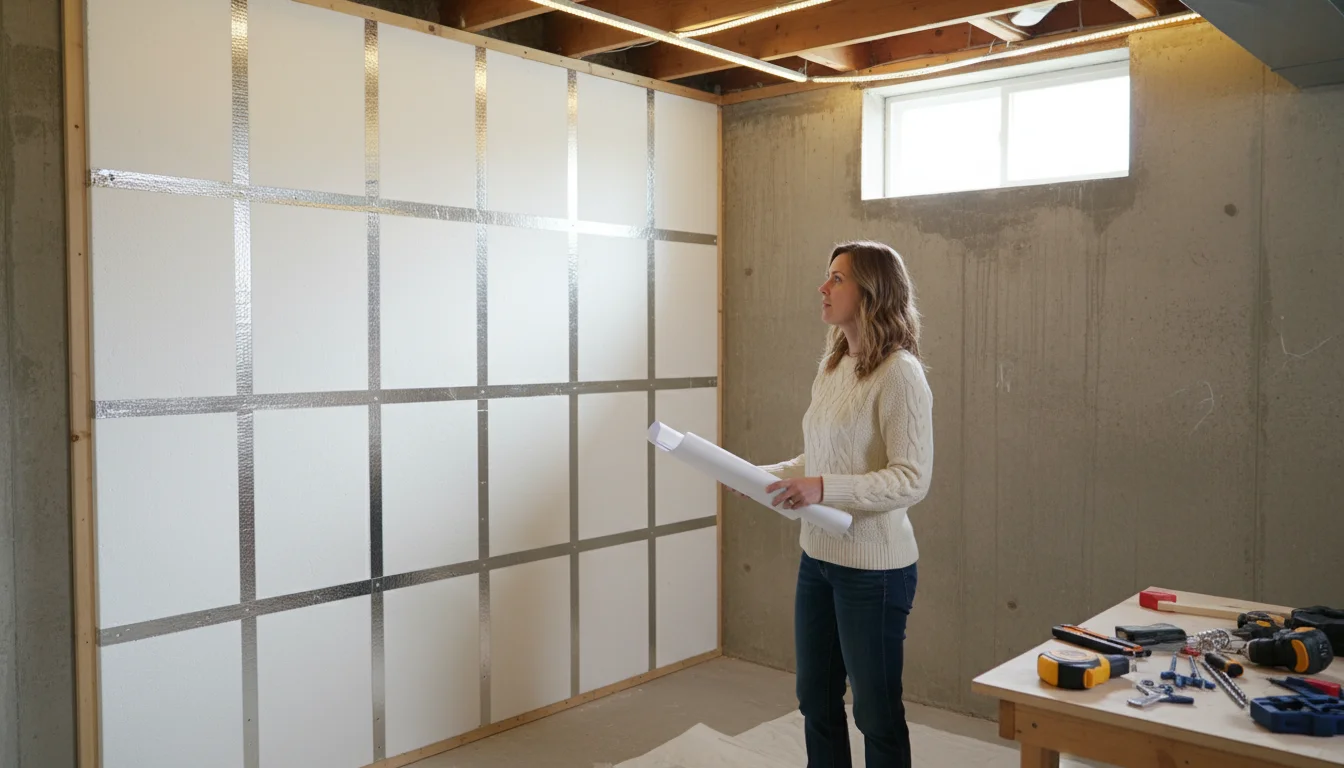 Woman inspecting newly installed rigid foam insulation on a basement wall, planning for winter comfort.